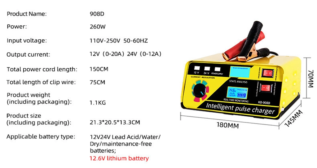 Sạc Bình Ắc Quy Điện Tử Tự Ngắt KD-908D 12V-24V 400Ah